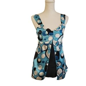 VTG Y2K Maurices M Babydoll Cami Top Fairy Circle Print Satin Black Blue Layered
